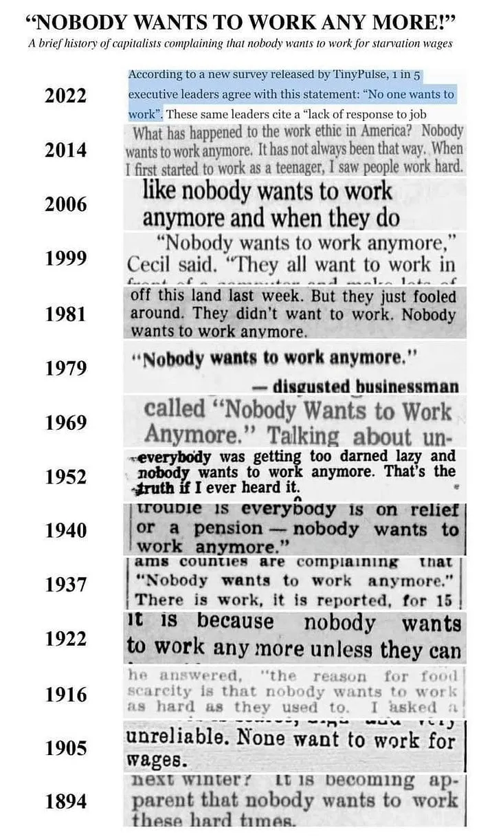 "NOBODY WANTS TO WORK ANY MORE!" A brief history of capitalists complaining that nobody wants to work for starvation wages.